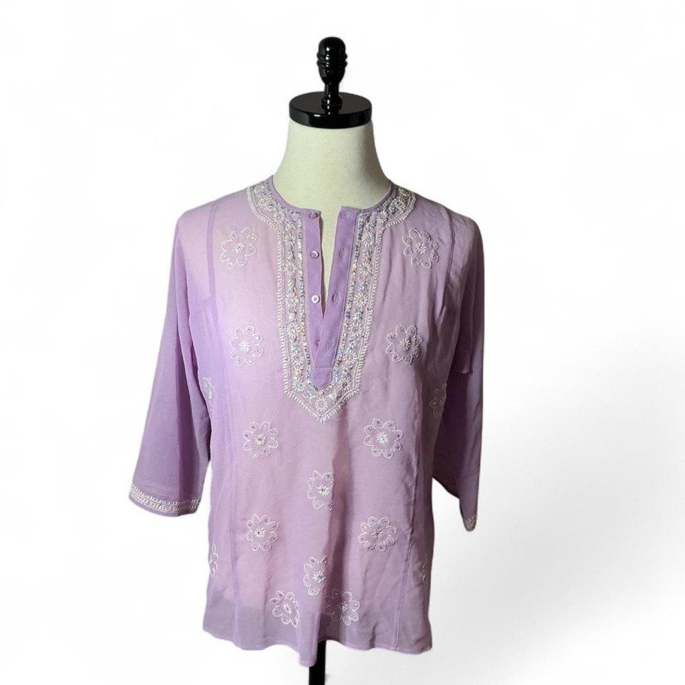 DKNY Jeans Lavender Ethereal Embroidered Sequin Tunic Top Purple Boho KCMU4735 L